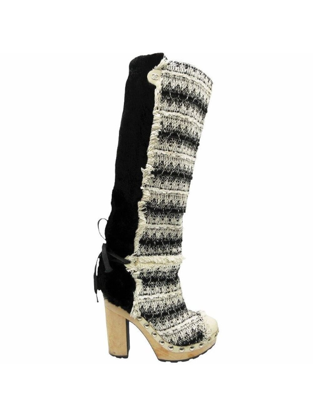 Chanel Long Boots Tweed Lapenfa CC Logo Wood Heel 35 - Picture 2 of 10